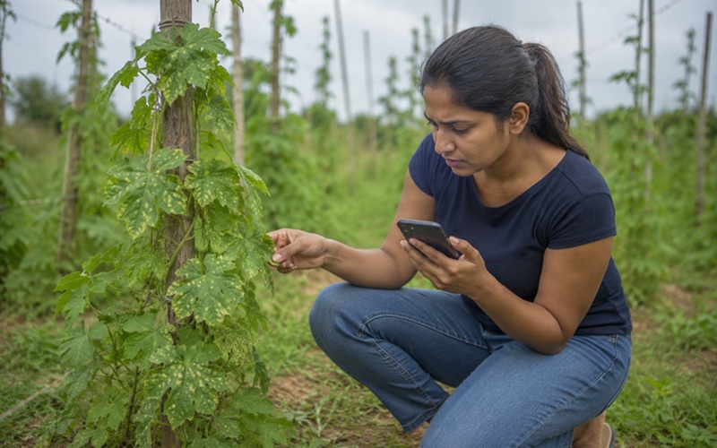 Woman using a smartphone to examine crop health in a field