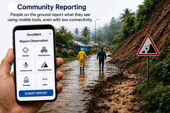 Community reporting local rainfall drainage and slope changes using mobile technology