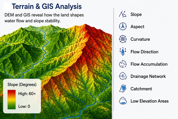Digital elevation model and GIS terrain analysis for flood and landslide risk