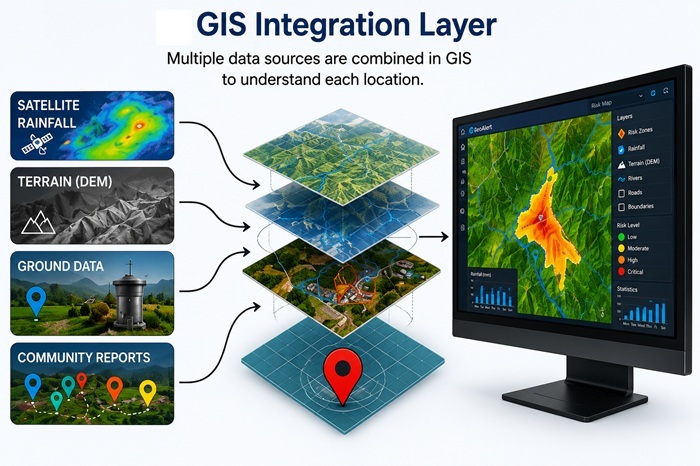 GIS integrating satellite rainfall terrain and community observations