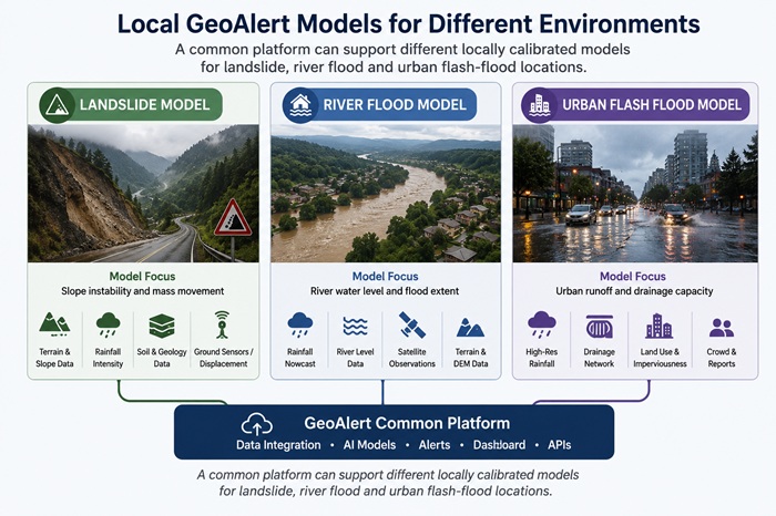 Local GeoAlert models for landslide flood and urban flash flood environments