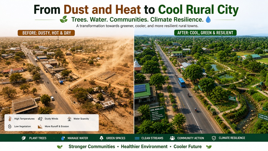Green rural town with large shade trees waterways and community spaces