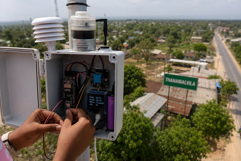 Students and community members using environmental sensors GIS and climate monitoring technology